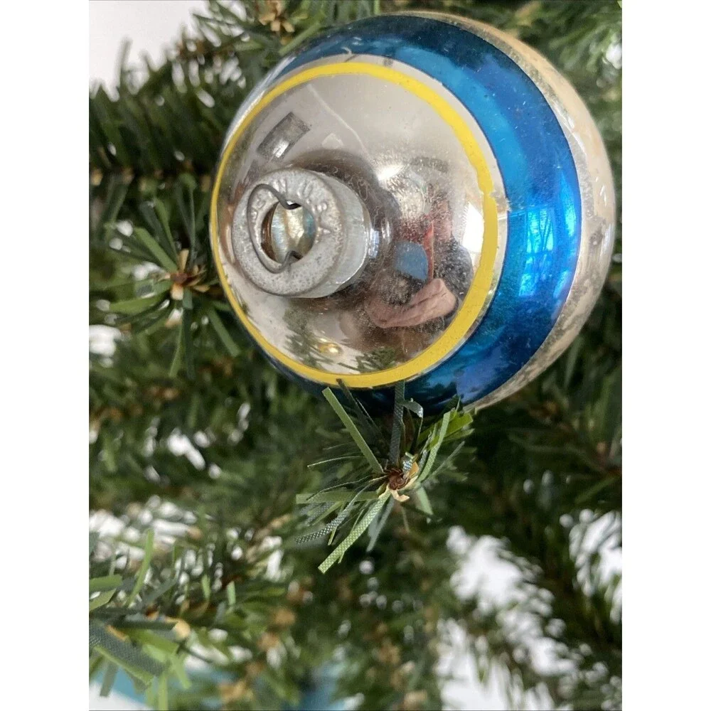Vintage Christmas Glass Ball Ornament Striped Shiny Brite & Made USA Lot of 2